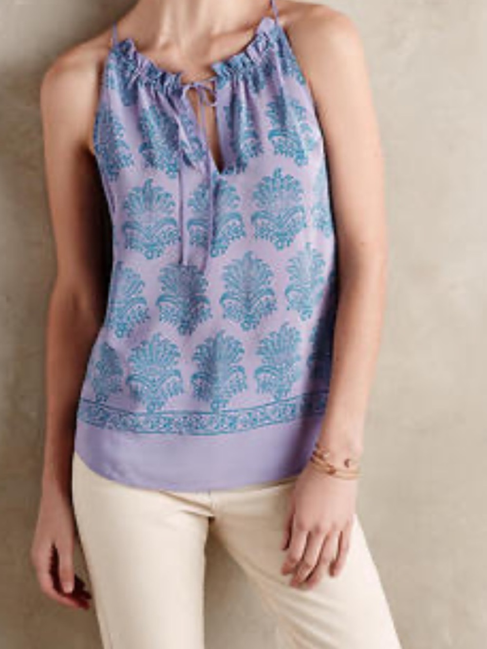 Anthropologie HD in Paris Purple Blue Floral Block Print Silk Tank Size 4